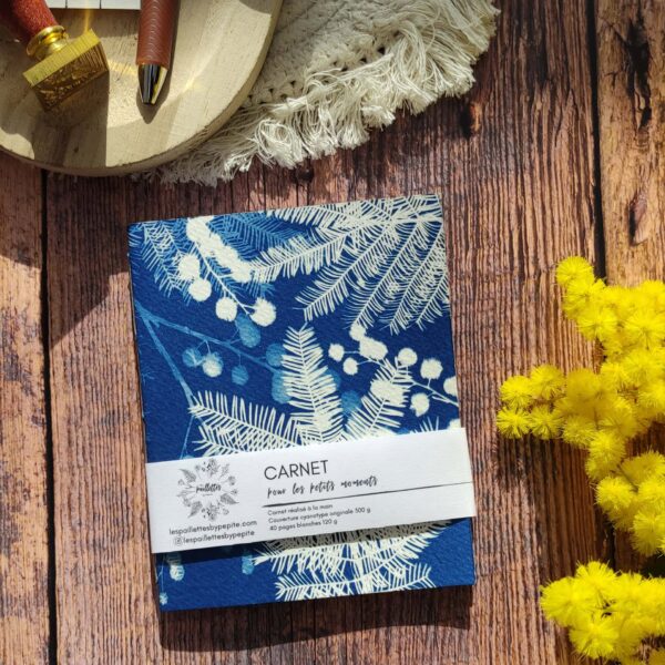 Carnet cyanotype mimosa, idéal pour l’écriture et le dessin